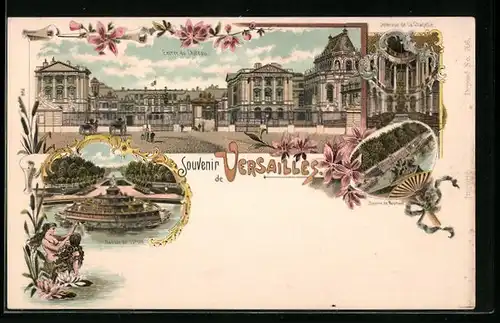 Lithographie Versailles, Entree du Chateau, Bassin de Neptune