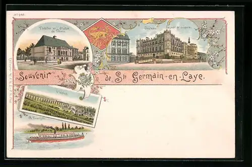 Lithographie St. Germain-en-Laye, Chateau, Le Touriste, Theatre, Viaduc