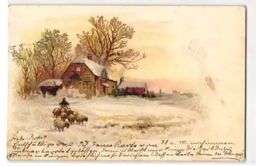 Glitzer-Perl-AK Schäfer mit Herde vor winterlich verschneitem Haus