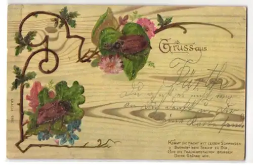 Glitzer-Perl-AK Maikäfer auf Blättern