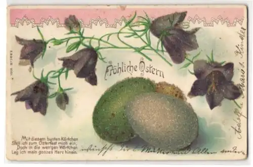 Glitzer-Perl-AK Ostergruss mit Eiern und Glockenblumen