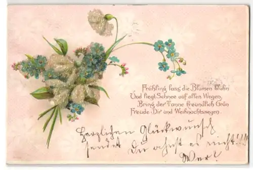 Glitzer-Perl-AK Strauss Frühlingsblumen und Verslein