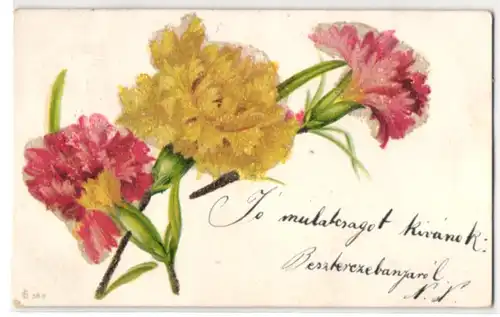 Glitzer-Perl-AK Rote und gelbe Nelken