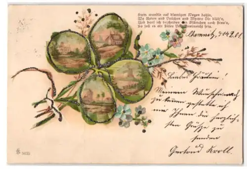 Glitzer-Perl-AK Gebäudeansichten auf Kleeblatt und Vergissmeinnicht