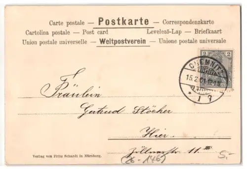 Glitzer-Perl-AK Gebäudeansichten auf Kleeblatt und Vergissmeinnicht