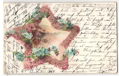 Glitzer-Perl-AK Landschaftsmotiv in sternförmigem Rahmen mit Glitzer-Perlen