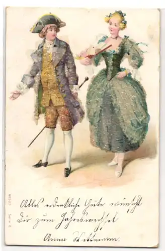 Glitzer-Perl-AK Barockes Paar in schillernden Kleidern