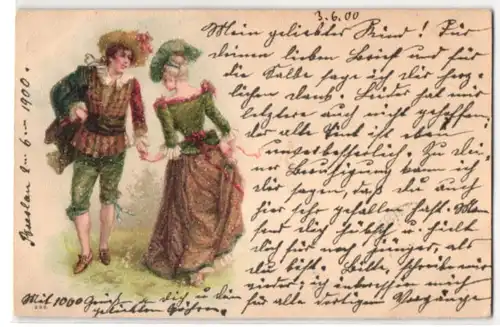 Glitzer-Perl-AK verliebtes Paar in Tracht