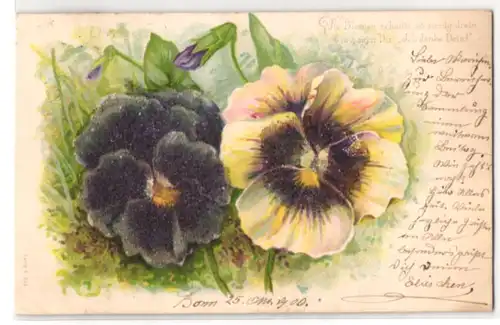 Glitzer-Perl-AK Blühende Stiefmütterchen