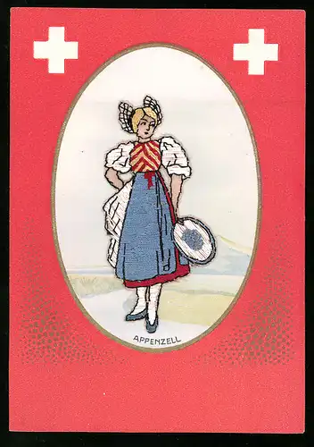 AK Basel, Schweizer Mustermesse 1933, gestickte Appenzellerin in Tracht