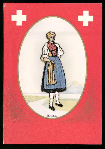 AK Schweizerin in Tracht aus Basel, gestickt