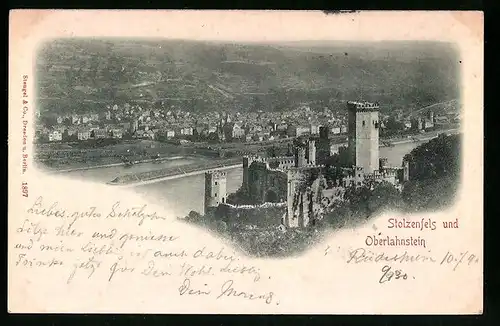 Relief-AK Oberlahnstein, Blick über Burg Stolzenfels auf den Ort