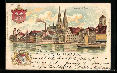 Lithographie Regensburg, Panorama mt Donau