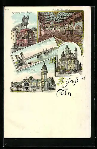 Lithographie Cöln, Monument Friedr. Wilh. III., Hauptbahnhof und Eisenbahnbrücke