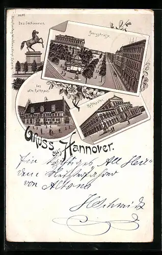 Lithographie Hannover, Sachsenross, Georgstrasse, altes Rathaus, Hoftheater