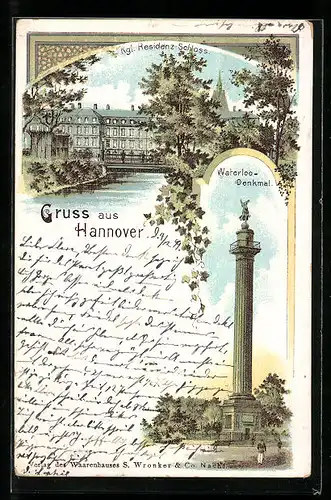 Lithographie Hannover, Kgl. Residenz-Schloss, Waterloo-Denkmal
