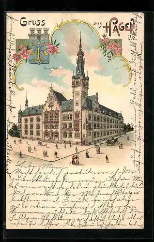 Lithographie Hagen, Neues Rathaus und Wappen