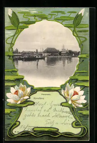 AK Konstanz, Panorama mit weissen Seerosen