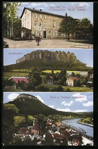 AK Pfaffendorf b. Königstein / Sächs. Schweiz, Gasthof, Blick z. Pfaffenstein, Stadt u. Festung Königstein
