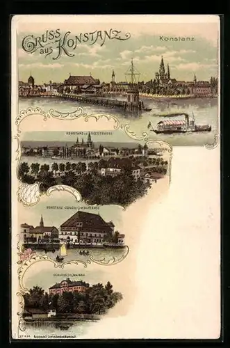 Lithographie Konstanz, Conciliumsgebäude, Schloss Mainau, am Hafen