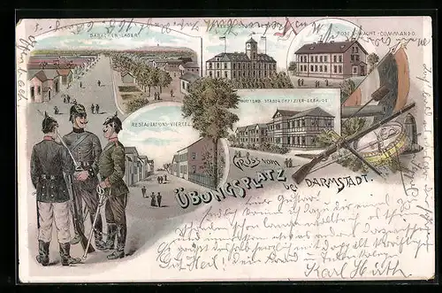 Lithographie Darmstadt, Übungsplatz mit Baracken-Lager und Restaurations-Viertel