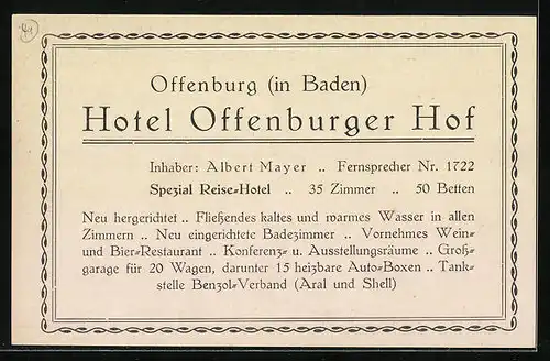 AK Offenburg, Hotel Offenburger Hof, Strassenpartie