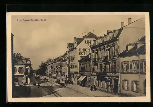 AK Offenburg, Hauptstrasse mit Union-Saal Hotel