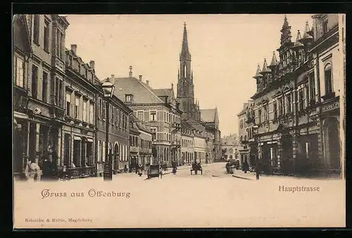 AK Offenburg, Hauptstrasse mit Geschäften und Kirche