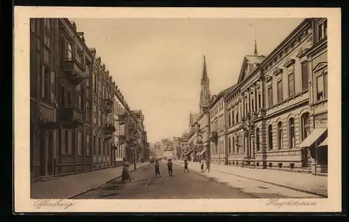 AK Offenburg, Hauptstrasse mit Kirche