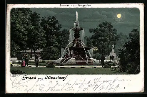 Lithographie Düsseldorf, Brunnen in der Königsallee bei Vollmond