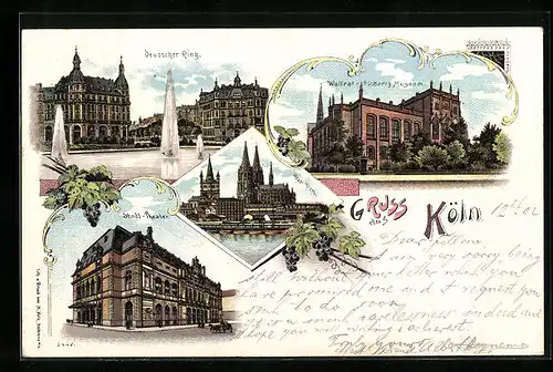 Lithographie Köln, Wallraf-Richartz-Museum, Stadt-Theater, Der Dom