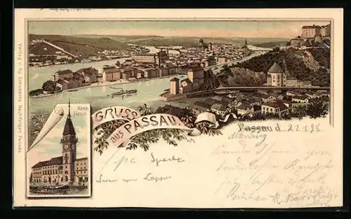 Lithographie Passau, Teilansicht, Rathaus