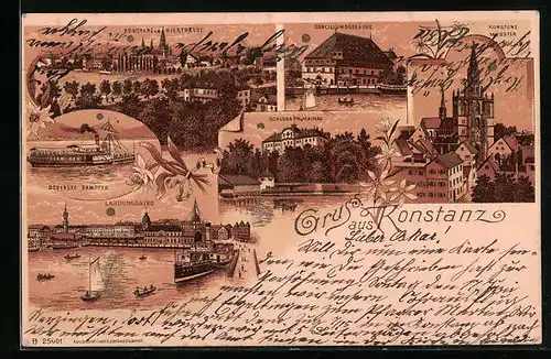 Lithographie Konstanz, Schloss Mainau, Conciliumsgebäude, Bodensee Dampfer