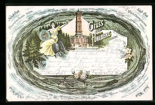 Lithographie Pöhlberg b. Annaberg, Aussichtsturm auf dem Pöhlberg, Rundschau mit Hassberg, Reischberg und Hohenstein