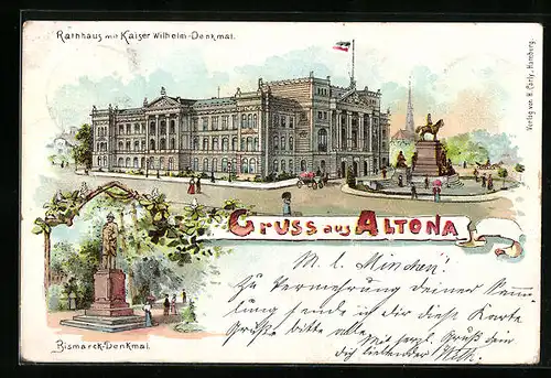 Lithographie Hamburg-Altona, Rathaus mit Kaiser Wilhelm-Denkmal, Bismarck-Denkmal