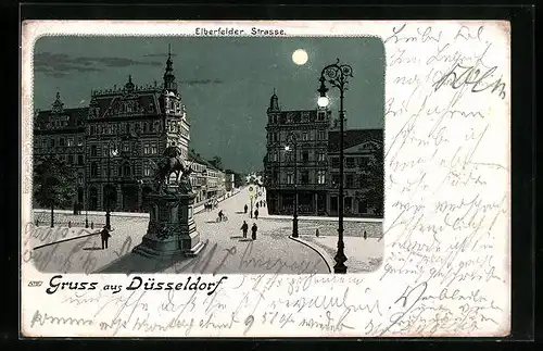 Lithographie Düsseldorf, Elberfelder Strassse mit Denkmal bei Mondschein