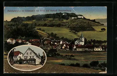 AK Reichelsheim im Odenwald, Gasthaus Zum Schwanen, Gesamtansicht mit Blick auf Schloss Reichenberg