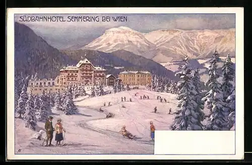 Künstler-AK Semmering, Südbahnhotel mit Schlitten- und Skifahrern