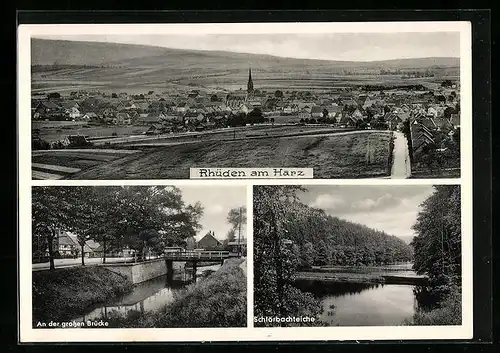 AK Rhüden /Harz, Panorama, Schlörbachteiche, Ortspartie an der grossen Brücke