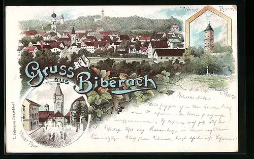 Lithographie Biberach, Ulmer Thor, Weisser Thurm, Ortsansicht aus der Vogelschau