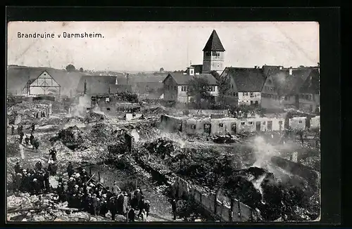 AK Darmsheim bei Böblingen, Qualmende Ruinen nach dem Brand 1907, mit Kirche