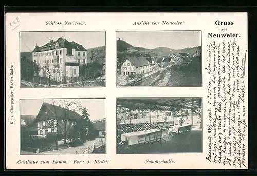 AK Neuweier, Gasthaus zum Lamm J. Riedel mit Sommerhalle, Ortspartie, Schloss