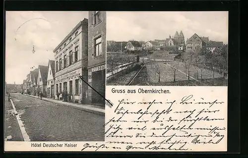 AK Obernkirchen, Hotel Deutscher Kaiser mit Strasse, Panorama mit Kirche