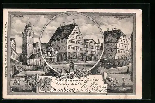 Künstler-AK Leonberg, Stadthalle, Landtagsgebäude, Rathhaus, Wappen