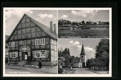 AK Hajen, The Meyer Gemischtwaren, Dorfkirche, Ortsansicht von der Weser aus
