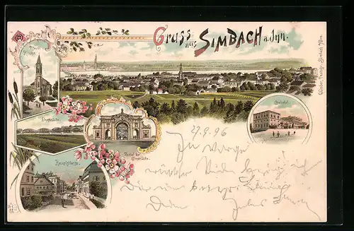 Lithographie Simbach /Inn, Pfarrkirche, Portal der Innbrücke, Hauptstrasse, Bahnhof, Totalansicht