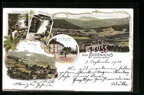 Lithographie Bodenmais /Bayr. Wald, Gasthof zur Post, Silberberg, Totalansicht