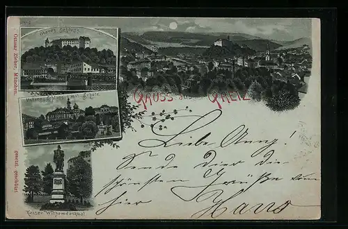 Mondschein-Lithographie Greiz, Oberes Schloss, Unteres Schloss mit Schule, Ortsansicht
