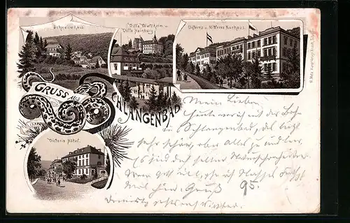 Vorläufer-Lithographie Schlangenbad, 1895, Schweizerhaus, Victoria Hotel, Villa Waldheim und Villa Hainburg