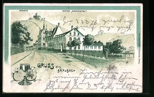 Lithographie Braubach, Gasthof zum Rheintal mit Strasse und Maxburg, Weinglas mit Wappen